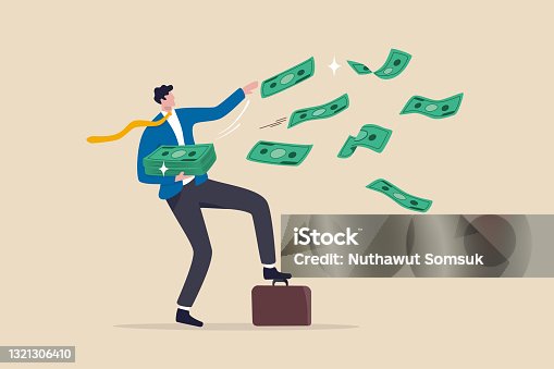 istock Success and wealthy fortune entrepreneur, investment profit and earning, FED stimulus monetary policy concept, happy businessman millionaire throw out pile of money banknotes flying into the air. 1321306410