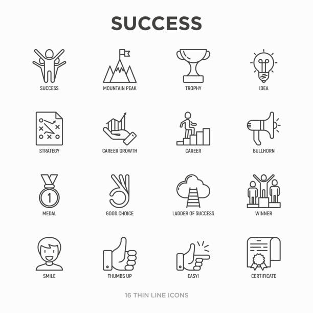 성공 선 아이콘 세트: 트로피, 아이디어, 산의 정상, 경력, 물러나, 전략, 사다리, 우승자, 메달, 수상, 좋은 선택, 쉽게, 인증서. 현대 벡터 일러스트입니다. - ease stock illustrations
