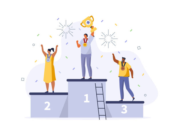 success People Characters standing on Podium. Winner holding Gold Cup and Celebrating Victory. Woman and Man Successfully Achieve Reward. Winners and Prize. Success Concept. Flat Cartoon Vector Illustration. podium stock illustrations