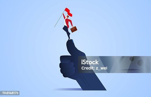 istock Successful business concept, businessman waving flag standing on thumbs up 1148168174