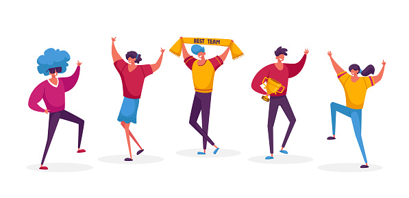 Successful Business Team Male and Female Characters Stand in Row Posing with Winners Trophies Celebrating Victory Successful Project. Teamwork, Victory Concept. Linear People Vector Illustration