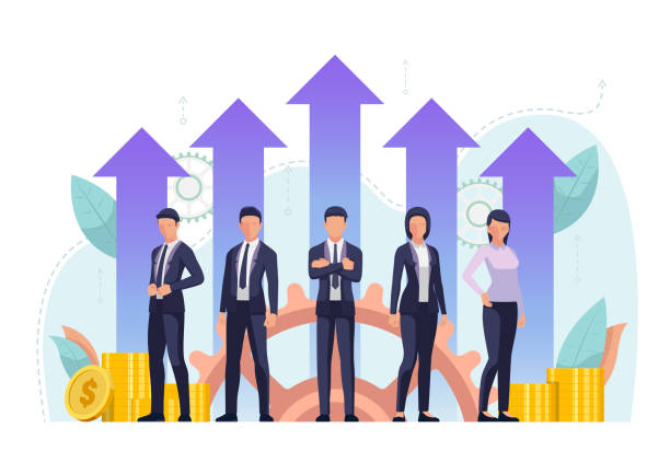 Successful business team standing together with growth financial arrow Successful business team standing together with growth financial arrow. Effective business team concept. employees stock illustrations