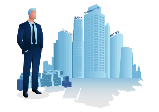Successful businessman with stack of money standing in front of commercial buildings and offices vector art illustration
