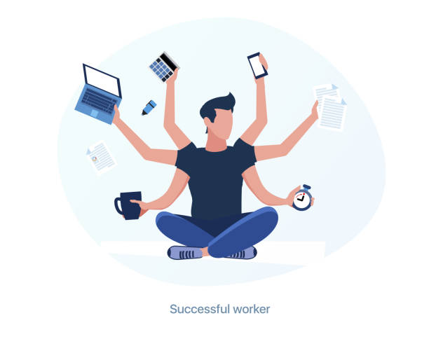 Successful, experienced and productive employee. Multitask worker Successful, experienced and productive employee. Multitask worker. CRM for small businesses. Personal organizer of affairs, meetings, and tasks. Zen at work. Illustration in a flat style. project manager stock illustrations