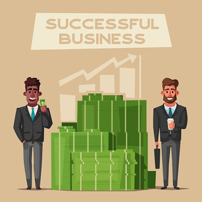 Successful, happy businessmen in a suit. Cartoon vector illustration. Funny characters. Big stack of money. Pile of cash. Savings and finance concept. vector
