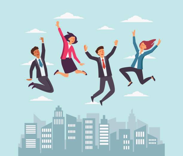 ilustrações de stock, clip art, desenhos animados e ícones de successful, smiling men and women celebrating victory. business people jumping over the city - her happy place is with her team