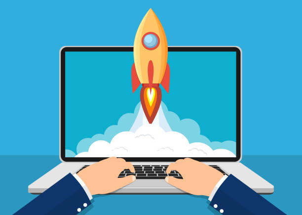 Successful startup business concept. Successful startup business concept. Laptop with Rocket Start up concept. Business Project development. Vector illustration in flat style rocketship backgrounds stock illustrations