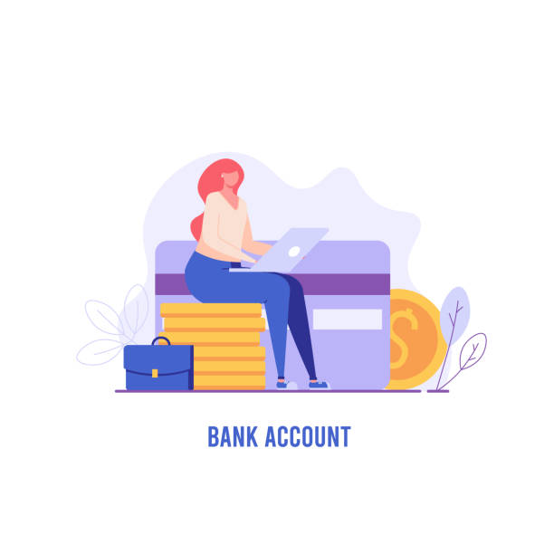 Successful woman sitting and working on laptop with credit card, coins and portfolio. Concept of bank account, banking, deposit, business assistance. Vector illustration in flat design for UI, web banner, mobile app Successful woman sitting and working on laptop with credit card, coins and portfolio. Concept of bank account, banking, deposit, business assistance. Vector illustration in flat design for UI, web banner, mobile app bank account stock illustrations