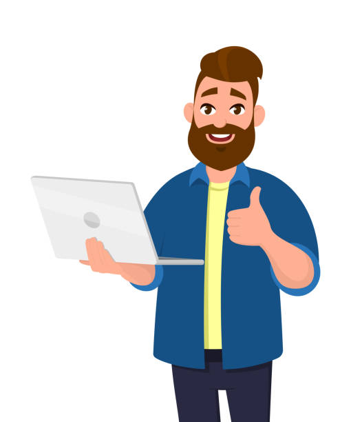 ilustrações de stock, clip art, desenhos animados e ícones de successful young man holding/using laptop computer (pc) and showing/gesturing thumbs up sign. laptop computer technology concept in vector illustration style. - man pointing