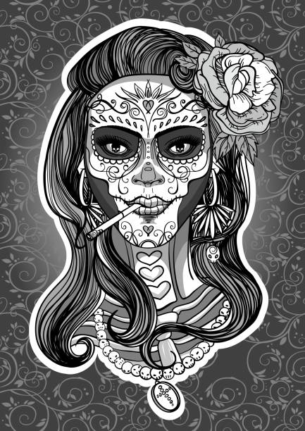 sugar skull woman woman with sugar skull makeup, day of the dead skulls tattoos stock illustrations