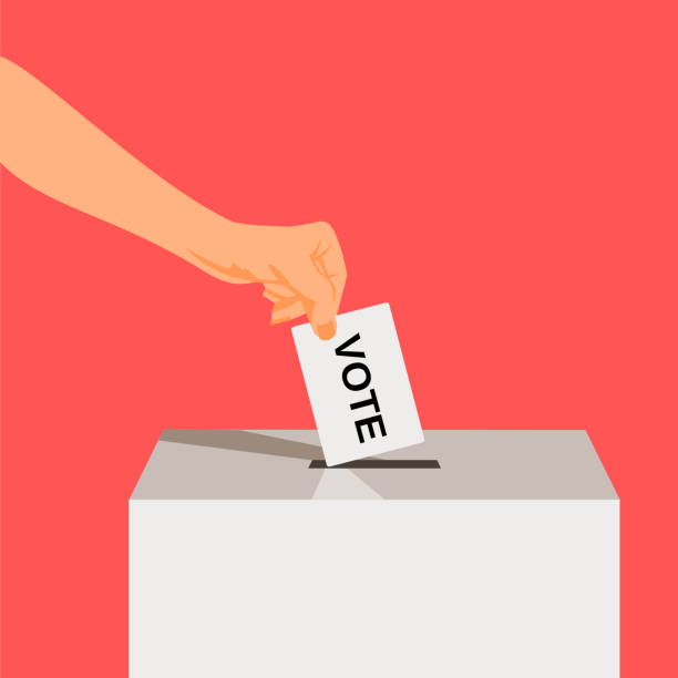 Suit Hand puts voting ballot in ballot box. Suit Hand puts voting ballot in ballot box. Presidential Voting and election concept. Make a choice image. Vote illustration. voting designs stock illustrations