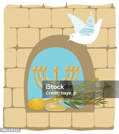 istock Sukkoth Plants and Golden Menorah On Old Stone Wall Background 482319333
