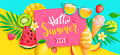 Summer 2020 bright greeting banner. Sweet symbols of hot season - ice cream, watermelon, mango and kiwi, strawberry and tropical leaves on two colors geometric background.Vector Illustration.