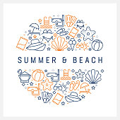 Summer and Beach Concept - Colorful Line Icons, Arranged in Circle