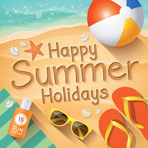 ilustrações de stock, clip art, desenhos animados e ícones de fundo com texto de verão na areia " feliz férias de verão". - beach towel