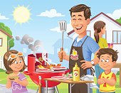 Vector illustration of a cheerful family having a barbecue in the backyard. In the background are houses, trees and a sun in a blue sky.