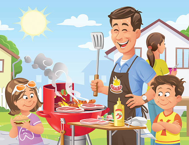 stockillustraties, clipart, cartoons en iconen met summer backyard barbecue - family garden,party