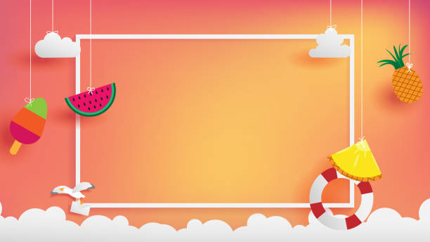 summer banner as horizontal frame summer banner as horizontal frame contain white border ,sunset light shining on background and all objects floating over cloud, objects are hanging by string such as ice creme, pineapple  watermelon shopping borders stock illustrations