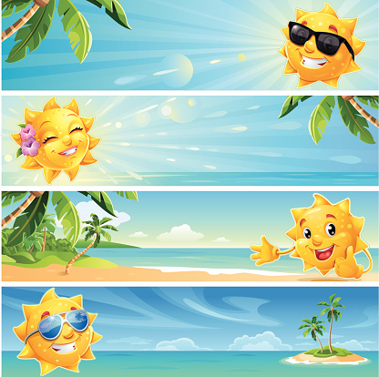 Summer Banner Cartoon Sun with Tropical Beach Background wearing Sunglasses