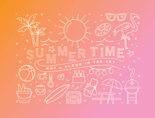 Summer banner design with text and summer line art icons Vector illustration of a summer banner design template. Includes summer party elements, text that reads Summer time not a cloud in the sky. Lot's of outlined icons. Bright colors. Fully editable. summer icons stock illustrations