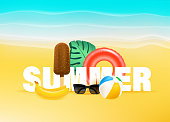 istock Summer banner with tropical fruits and beach stuff 1354693110