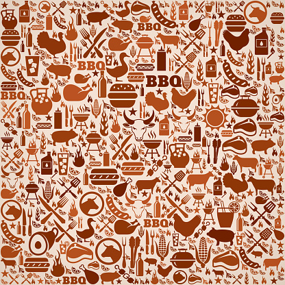 summer barbecue invitation vector background. This royalty free vector illustration features a seamless pattern of barbecue icons. The icons range in size and include bbq favorites grill, steak, burger, eating and cooking utensils and refreshing summer drinks. The pattern in brown tones on beige background.