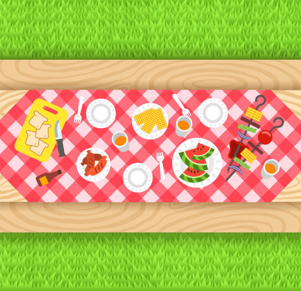 sommer-grill-picknick-hintergrund - tisch holzteller gedeckt stock-grafiken, -clipart, -cartoons und -symbole