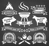 Summer Barbecue royalty free vector icon set on chalk board. This image features a set of roaylty free vector icons in white on a chalkboard. The icons can be used separately or as part of a set. The chalk board has a slight texture.