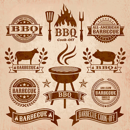 Summer Barbecue Grunge graphic. The illustration features 100% editable royalty free vector background with grunge texture. Barbecue, fire, flame, cooking, meat, beef, fork and knife, and copy space banners are featured in the badge designs. Image download includes vector graphic and jpg file.