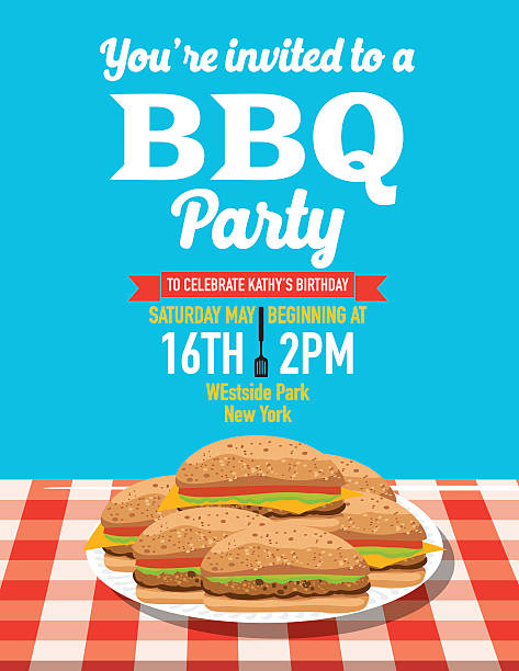 stockillustraties, clipart, cartoons en iconen met summer bbq party invitation template - plate hamburger