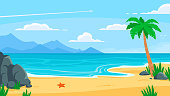 istock Summer beach background. Sandy seashore, sea coast with palm tree and vocation seaside travel vector cartoon backdrop illustration 1143087360
