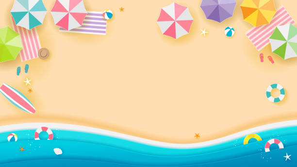 illustrazioni stock, clip art, cartoni animati e icone di tendenza di spiaggia estiva illustrazione vettoriale di sfondo, vista dall'alto della spiaggia. stile artistico cartaceo. - shoes top view