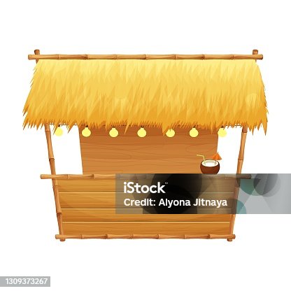 istock Summer beach bar tiki in cartoon style isolated on white background stock vector illustration. Retro, simple building with bamboo and wooden details. Summertime, vacation element. 1309373267