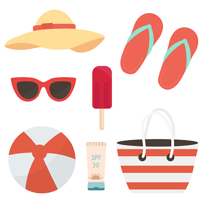Summer beach holiday. Set for beach rest in flat design. Set of icons for relaxing on the beach. Perfect for web, card, poster, cover, tag, invitation, sticker set.
