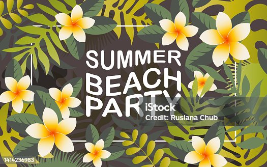 istock Summer beach party banner with tropical leaves and beautiful plumeria flowers. Vector. 1414236983
