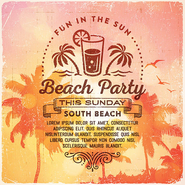 Summer Beach Party Invitation Background Retro summer beach party invitation, flyer with palm trees, defocused sky, textures and text.File is layered with global colors.Only gradients used.Hi res jpeg without text included.More works like this linked below. cocktail backgrounds stock illustrations