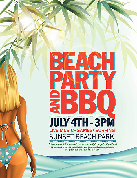 sommer strand party-einladung mit frau in bikini und wellen - verführerische frau stock-grafiken, -clipart, -cartoons und -symbole