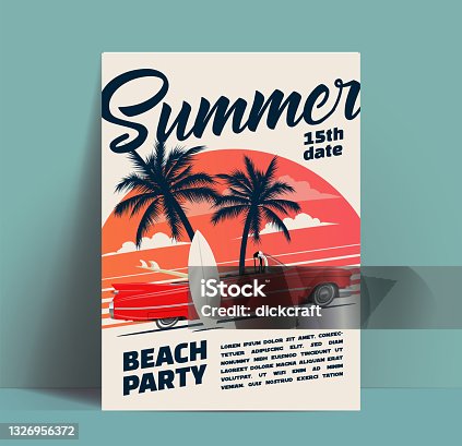 istock Summer beach party poster or flyer or invitation design template with cartoon retro cabriolet car with surfboards on sunset background. Vector illustration 1326956372
