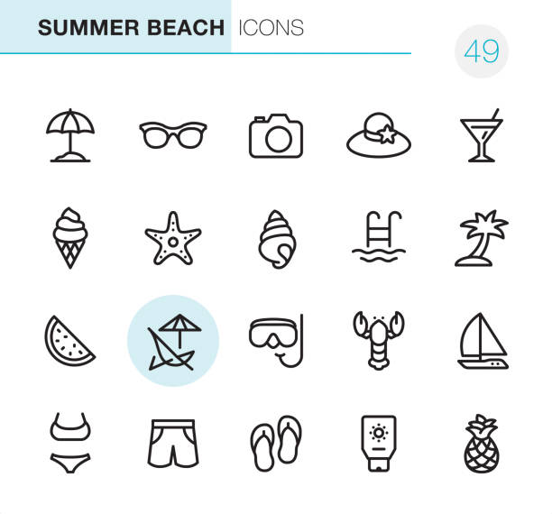 Summer Beach - Pixel Perfect icons 20 Outline Style - Black line - Pixel Perfect icons / Set #49
Icons are designed in 48x48pх square, outline stroke 2px.

First row of outline icons contains:
Beach Parasol, Sunglasses, Camera - Photographic Equipment, Beach Hat, Martini icon;

Second row contains:
Ice Cream Cone, Starfish, Conch Shell, Swimming Pool, Palm Tree;

Third row contains:
Watermelon, Deck Chair, Snorkeling, Lobster-Seafood, Sailboat; 

Fourth row contains:
Bikini, Swimming Trunks, Flip-Flop, Suntan Lotion, Pineapple.

Complete Primico collection - https://www.istockphoto.com/collaboration/boards/NQPVdXl6m0W6Zy5mWYkSyw sunscreen stock illustrations