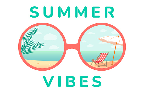 Summer beach vibes. Sun lounger reflection glasses under an umbrella on a tropical beach. Suitable for printing on t-shirts, posters, cards, labels, mugs and other gifts.Vector