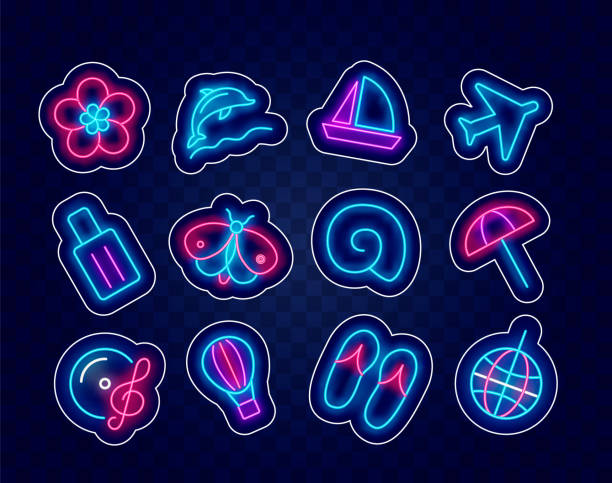 Summer Blue Neon Sticker Collection. Holiday And Vacation Design. Social Media Pack. Vector Stock Illustration