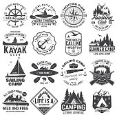 Summer camp, hunting club, sailing camp, yacht club, canoe and kayak club badges. Vector. Concept for shirt or logo, print, stamp, patch. Design with camper, kayaker, hunter, sailing camp silhouette