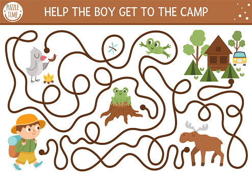 Summer camp maze for children. Active holidays preschool printable activity. Family nature trip labyrinth game or puzzle with cute hiking kid and forest animals. Help the boy get to the camp