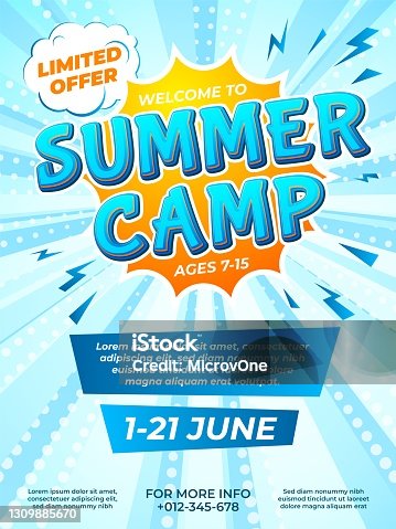 istock Summer camp poster. Child journey, camping comic style flyer. School kids vacation ad brochure design, fun adventures recent vector template 1309885670