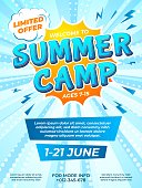 istock Summer camp poster. Child journey, camping comic style flyer. School kids vacation ad brochure design, fun adventures recent vector template 1309885670