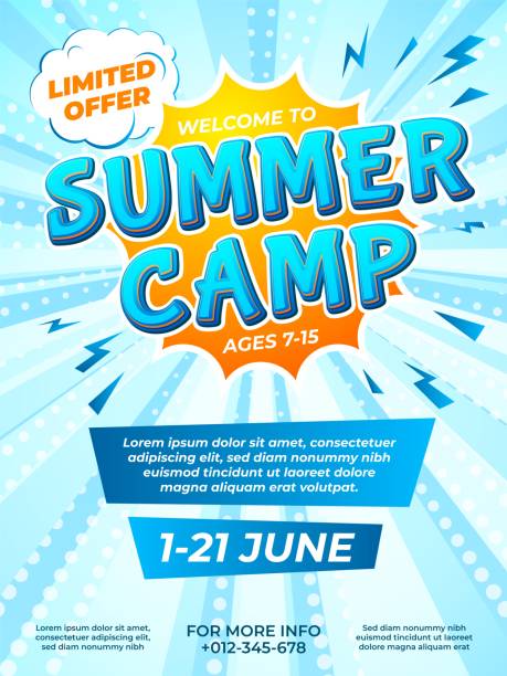 Summer camp poster. Child journey, camping comic style flyer. School kids vacation ad brochure design, fun adventures recent vector template vector art illustration