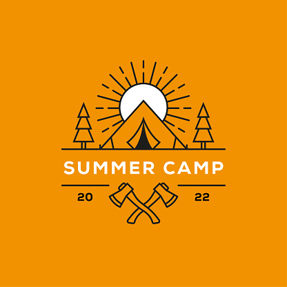 Summer camp, outdoor adventure, hiking linear label, emblem or badge design. Camping vector logotype.