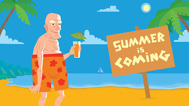 ilustrações de stock, clip art, desenhos animados e ícones de summer card, old bald man on the beach - bald beach
