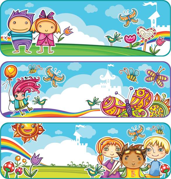 Summer Children Banners Vector set of horizontal banners, with little children in summer location on playground, in park. Template for advertising brochure, website banners, or kids party invitation. Funny cartoon character. Vector illustration butterfly fairy flower white background stock illustrations