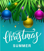 Christmas summer, beautiful Christmas decoration with palm leaves and text. Tropical foliage composition with christmas decorations.